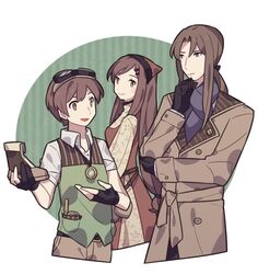  1girl 2boys black_gloves boots border brown_coat brown_eyes brown_footwear brown_hair buttons character_request closed_mouth coat commentary eyelashes fingerless_gloves fire_emblem fire_emblem:_genealogy_of_the_holy_war gloves goggles goggles_on_head green_background haconeri holding holding_clothes holding_footwear long_hair multiple_boys outside_border round_border smile symbol-only_commentary unworn_footwear white_border 