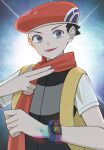  1boy :d beret black_hair commentary_request grey_eyes grey_vest hat highres kana_(kanna_runa0620) looking_at_viewer lower_teeth_only lucas_(pokemon) male_focus open_mouth pokemon pokemon_dppt poketch scarf shirt short_hair short_sleeves smile solo t-shirt teeth upper_body vest watch watch white_shirt 