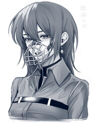  1girl chest_strap chief_(path_to_nowhere) collared_shirt commentary_request earrings female_chief_(path_to_nowhere) greyscale highres jewelry long_hair looking_at_viewer monochrome muzzle okkoooome open_mouth path_to_nowhere shirt solo translation_request upper_body 