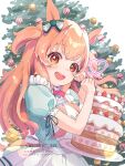  1girl animal_ears blush bow cake christmas_tree clothing_request commentary_request dress food fruit hair_between_eyes hair_ornament highres holding horse_ears horse_girl long_hair looking_at_viewer mayano_top_gun_(umamusume) open_mouth orange_hair puffy_short_sleeves puffy_sleeves short_sleeves smile solo strawberry twintails_day two_side_up umamusume yayame_art 