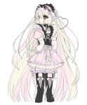  1girl black_corset black_footwear black_hairband blonde_hair boots chii chobits corset dress frilled_dress frills from_behind hairband lolita_hairband long_hair pink_dress pink_ribbon ribbon simple_background solo thigh_boots u_emper very_long_hair white_background wrist_cuffs 