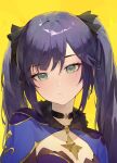  1girl absurdres alaskastomatoez black_choker black_hair brooch choker close-up closed_eyes genshin_impact green_eyes highres jewelry long_hair looking_at_viewer mona_(genshin_impact) portrait simple_background solo teeth twintails upper_teeth_only yellow_background 