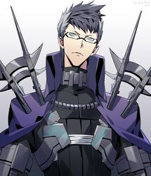  1boy black-framed_eyewear blue_eyes bracer cape cape_clasp character_name closed_mouth collar collared_cape commentary compression_shirt copyright_name fate/grand_order fate_(series) frown glasses hands_out_of_frame high_collar holster looking_at_viewer male_focus metal_collar multicolored_hair purple_cape semi-rimless_eyewear shoulder_spikes sigurd_(fate) simple_background solo spikes spiky_hair straight-on talgi upper_body white_background 