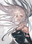  1girl a2_(nier:automata) absurdres black_gloves blue_eyes breasts elbow_gloves gloves highres long_hair looking_at_viewer medium_breasts mole mole_under_mouth moony_(mogmogmelt) nier:automata nier_(series) solo white_hair 
