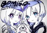  2girls :3 blue_eyes bpm15q closed_mouth commentary_request copyright_name dated group_name hand_up highres ichigo_rinahamu kiato long_hair looking_at_viewer multiple_girls nicamoq real_life short_hair signature smile upper_body violet_eyes 