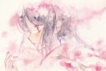  1girl close-up closed_mouth expressionless flower from_side hand_up highres kurebe light_blush long_hair looking_ahead original painting_(medium) parted_lips petals pink_eyes pink_flower pink_petals pink_theme purple_hair sidelocks solo traditional_media watercolor_(medium) 