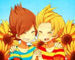  2boys biseibutu blonde_hair brothers brown_hair child claus_(mother_3) crying flower lucas_(mother_3) male_focus mother_(game) mother_3 multiple_boys open_mouth shirt short_hair siblings smile streaming_tears striped_clothes striped_shirt sunflower tears 