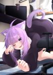  1girl :3 absurdres ahoge all_fours animal_ear_fluff animal_ears black_jacket black_sleeves blurry blurry_background blurry_foreground blush cat_ears collared_shirt commentary_request elbow_rest eyes_visible_through_hair highres hololive hololive_gamers indoors jacket jam_bread long_hair long_sleeves looking_at_viewer microphone monitor nekomata_okayu on_ground one_eye_closed open_mouth puffy_sleeves purple_hair purple_tail shirt solo stretching violet_eyes virtual_youtuber white_undershirt 