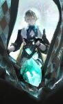  1boy absurdres aqua_shirt aventurine_(honkai:_star_rail) black_gloves blonde_hair bracelet closed_mouth collared_shirt earrings fur_trim gem gloves hair_between_eyes highres honkai:_star_rail honkai_(series) imonk41871229 jewelry looking_at_viewer male_focus multicolored_eyes neck_tattoo shirt short_hair solo tattoo 