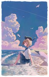  1girl absurdres animal_on_head barefoot beach bird blue_eyes blue_sailor_collar blue_skirt blue_sky brown_hair cat closed_mouth clouds cloudy_sky contrail cumulonimbus_cloud dot_mouth feel_(nasitaki) highres looking_at_viewer ocean on_head original pleated_skirt sailor_collar scenery school_uniform seagull serafuku shallow_water shirt short_hair sitting skirt sky solo water waves white_shirt 