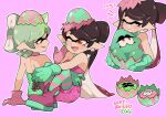 2girls black_hair bow-shaped_hair callie_(splatoon) cousins gomipomi green_hair green_jumpsuit inkling jumpsuit marie_(splatoon) mole mole_under_eye multiple_girls object_on_head official_alternate_costume open_mouth pink_background pink_jumpsuit short_jumpsuit simple_background splatoon_(series) splatoon_3 squid star-shaped_pupils star_(symbol) striped_clothes striped_thighhighs symbol-shaped_pupils tentacle_hair thigh-highs 