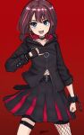  1girl black_choker black_gloves black_jacket black_skirt blue_eyes chain choker commentary fingerless_gloves fishnet_thighhighs fishnets girls_band_cry gloves gradient_background highres iseri_nina jacket long_sleeves open_mouth pinky_out pleated_skirt red_background redhead short_hair single_thighhigh skirt smile solo thigh-highs thigh_strap tomare_(akashingou) 
