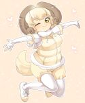  1girl animal_ears blonde_hair blush breasts brown_horns closed_mouth commentary_request curled_horns elbow_gloves fingerless_gloves full_body fur_collar gloves heart highres horizontal_pupils horns jumping kemono_friends lets0020 looking_at_viewer medium_bangs medium_breasts medium_hair one_eye_closed outstretched_arms pantyhose sheep_(kemono_friends) sheep_girl sheep_tail shirt shorts smile solo spread_arms sweater_vest tail white_gloves white_pantyhose white_shirt yellow_background yellow_eyes yellow_shorts yellow_sweater_vest 