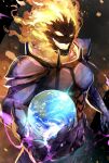  1boy :d armor cape claws demon demon_boy dormammu eldritch_abomination embers fire flaming_head glowing grin highres holding holding_planet ikuyoan male_focus marvel pectorals purple_armor simple_background smile solo upper_body 