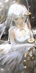  1girl blue_eyes breasts bridal_veil clock dress elbow_gloves ellen6468 faust_(project_moon) gears gloves highres limbus_company official_alternate_costume polearm project_moon solo spear veil weapon wedding_dress white_dress white_gloves white_hair 