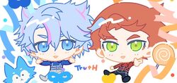  2boys black_pants blue_eyes blue_hair blue_shirt candy chibi collared_shirt commentary_request food full_body green_eyes group_name hair_between_eyes hughie_(pretty_series) ibuki_touma ibuki_touma_(primagista) lollipop long_sleeves looking_at_viewer male_focus moshao_(sarada1717) multicolored_hair multiple_boys open_mouth orange_hair pants pink_hair pretty_series red_shirt shirt short_hair smile standing streaked_hair swirl_lollipop waccha_primagi! 