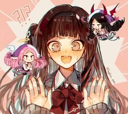  !? 3girls angel_and_devil black_hair blush bow bowtie brown_hair cardigan closed_mouth collared_shirt demon_tail demon_wings female_commander_(forever_7th_capital) forever_7th_capital grey_cardigan halo hands_up horns long_hair multiple_girls one_side_up open_mouth own_hands_clasped own_hands_together pink_background pink_eyes red_bow red_bowtie sapphire_(nine) shirt sidelocks simple_background smile tail very_long_hair violet_eyes white_shirt wings yuri_(forever_7th_capital) 