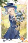  1girl animalization blue_bow blue_coat blue_flower blue_hat boater_hat border bouquet bow branch character_name coat collared_shirt confetti cowboy_shot dog flower from_side grass grey_eyes grey_hair hair_bun hat hat_bow highres holding holding_bouquet leaf long_sleeves looking_at_viewer outside_border purple_brooch reverse:1999 shirt short_hair sidelocks single_side_bun smile solo sonetto_(reverse:1999) two-handed vertin_(reverse:1999) weibo_logo weibo_watermark white_border white_flower white_shirt xiao_xiong_keke_aoi yellow_flower 