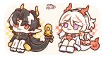  1boy 1girl :3 antlers arknights black_coat black_hair brother_and_sister checkered_background chibi chinese_commentary chong_yue_(arknights) closed_mouth coat commentary_request dragon_boy dragon_bubble_(arknights) dragon_horns dragon_tail earrings full_body fur-tipped_tail horns jacket jewelry juhao0101 long_hair long_sleeves looking_at_viewer low_ponytail multicolored_hair nian_(arknights) pants pointy_ears ponytail red_eyes redhead ribbon siblings sitting smile streaked_hair tail tail_ornament tail_ribbon violet_eyes white_hair white_jacket white_pants yellow_background 