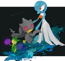  alternate_color banette black_background blue_hair blue_skin closed_eyes colored_skin cyauken_(ouahloup) dress flower gardevoir ghost green_skin highres multicolored_skin orange_eyes pink_eyes pokemon pokemon_(creature) roselia_(pokemon) shiny_pokemon signature simple_background smile two-tone_skin white_dress white_skin zipper_pull_tab 