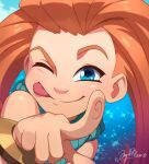  1girl :p ;p absurdres angelmoonlight artist_name blue_background blue_eyes brown_hair closed_mouth hand_up highres league_of_legends long_hair one_eye_closed redhead shiny_skin smile solo tongue tongue_out zoe_(league_of_legends) 
