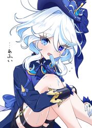  1girl absurdres ascot blue_eyes blue_hair blue_hat blue_jacket food food_in_mouth furina_(genshin_impact) garter_straps genshin_impact gloves hat hat_ornament heterochromia highres jacket kodona light_blue_hair lolita_fashion long_sleeves looking_at_viewer multicolored_hair nanoras popsicle popsicle_in_mouth simple_background sitting solo streaked_hair top_hat white_gloves white_hair 