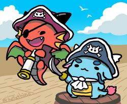  animal ascot blue_sky chibi clothed_animal commentary_request dragon eastern_dragon eyepatch flying full_body hat holding holding_sword holding_telescope holding_weapon hotathino original outdoors pirate pirate_hat pirate_ship sky sword telescope weapon western_dragon white_ascot 