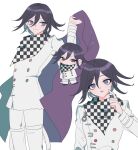  1boy black_hair buttons checkered_clothes checkered_scarf cowboy_shot d: danganronpa_(series) danganronpa_v3:_killing_harmony double-breasted hair_between_eyes hand_up highres holding holding_clothes holding_jacket jacket long_sleeves male_focus multiple_views oma_kokichi pants pink_eyes pink_jacket roneco scarf simple_background teeth upper_body upper_teeth_only white_background white_pants 