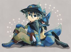  1boy arm_support back-to-back black_cape black_hair black_hat blue_footwear blue_gloves blue_vest boots cape chibi closed_mouth commentary_request from_side gloves grey_background grey_eyes hair_between_eyes hand_on_own_knee hat kuna_fgo lucario male_focus pants pokemon pokemon:_lucario_and_the_mystery_of_mew pokemon_(anime) pokemon_(creature) pokemon_rse_(anime) shirt sir_aaron sitting smile sparkle split_mouth vest 