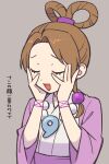  1girl ace_attorney beads brown_hair closed_eyes eyelashes grey_background hair_beads hair_ornament hair_rings hands_on_own_face happy japanese_clothes jewelry magatama magatama_necklace necklace numae_kaeru open_mouth pearl_fey solo translation_request upper_body wide_sleeves 
