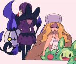  2girls ;o black_gloves black_pantyhose blonde_hair caitlin_(pokemon) chandelure dress eyelashes glasses gloves hat holding holding_pen long_hair long_sleeves looking_at_viewer multiple_girls one_eye_closed pantyhose parted_bangs pen pink_dress pink_hat pokemon pokemon_(creature) pokemon_bw purple_dress purple_hair reuniclus see-through_cape shauntal_(pokemon) short_hair tyako_089 very_long_hair violet_eyes yawning 