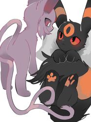  animal_ears animal_hands espeon highres kashiwa_gnu long_tail looking_at_another lying no_humans on_back pawpads pillow pokemon pokemon_(creature) red_eyes simple_background tail umbreon violet_eyes 