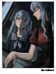  2girls bang_dream! bang_dream!_it&#039;s_mygo!!!!! black_ribbon blue_hair clone closed_mouth commentary domino_mask dutch_angle english_text grey_neckerchief grey_sailor_collar hair_ribbon hashtag-only_commentary highres indoors long_hair looking_at_another mask multiple_girls neckerchief red_shirt ribbon sailor_collar school_uniform shirt short_sleeves suxixixi333332 time_paradox togawa_sakiko tsukinomori_school_uniform two_side_up upper_body yellow_eyes 