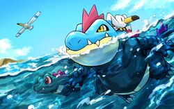  afloat claws clouds commentary_request day feraligatr no_humans outdoors partially_underwater_shot pokemon pokemon_(creature) riding riding_pokemon sagemaru-br sky totodile water wingull 
