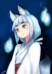  1girl animal_ear_fluff animal_ears blunt_bangs closed_mouth dated fox_ears fox_girl fox_tail green_eyes hair_ribbon hakama hitodama japanese_clothes kimono long_hair miko nosuku original red_hakama ribbon smile solo tail thick_eyebrows white_kimono white_ribbon 