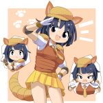  1girl :d animal_ears black_eyes black_hair blunt_bangs bob_cut breasts brown_necktie brown_vest collared_shirt commentary_request cowboy_shot elbow_pads giant_armadillo_(kemono_friends) gloves kemono_friends lets0020 looking_at_viewer medium_bangs medium_breasts miniskirt multiple_girls necktie notice_lines open_mouth paw_print paw_print_background pink_background pleated_skirt salute shirt short_hair skirt smile tail vest white_gloves white_shirt yellow_skirt 