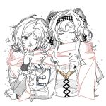  2girls ;) ascot asymmetrical_sidelocks ayano1537564942 braided_sidelock checkered_hairband closed_eyes closed_mouth coat finger_to_mouth hair_bun hand_up highres index_finger_raised lineart long_hair long_sleeves looking_at_viewer multiple_girls no_headwear one_eye_closed reverse:1999 scarf shared_clothes shared_scarf short_hair single_side_bun smile sonetto_(reverse:1999) spot_color two_side_up upper_body vertin_(reverse:1999) 
