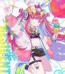 1girl beatmania cd decorations earphones food ice_cream long_hair red_dress red_eyes red_glasses red_hair red_jacket red_sunglasses sunglasses umegiri_ameto