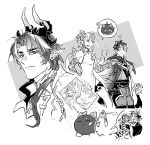  1girl 2boys animalization antlers arknights brother_and_sister china_dress chinese_clothes chong_yue_(alighting)_(arknights) chong_yue_(arknights) closed_mouth collared_jacket daeungame dragon_boy dragon_bubble_(arknights) dragon_girl dragon_horns dragon_tail dress earrings grey_background greyscale hair_over_shoulder highres horns huai_tianpei_(arknights) jacket jewelry long_hair long_sleeves looking_at_viewer low_ponytail monochrome multicolored_hair multiple_boys nian_(arknights) nian_(unfettered_freedom)_(arknights) pointy_ears scar scar_on_cheek scar_on_face siblings side_slit simple_background sleeveless sleeveless_dress streaked_hair tail thought_bubble 