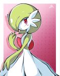  alphazr blush bob_cut colored_skin dress gardevoir gradient_background green_hair hair_over_one_eye highres looking_at_viewer multicolored_skin parted_lips pink_background pink_eyes pokemon pokemon_(creature) signature two-tone_skin white_dress white_skin 