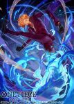  1boy black_footwear black_gloves black_shirt blonde_hair blue_fire blue_theme burgundy_jacket burgundy_pants clenched_teeth commentary_request copyright_name facial_hair fire gloves goatee leg_up looking_back male_focus necktie nijimaarc official_art one_piece one_piece_card_game sanji_(one_piece) shirt short_hair smoke solo teeth white_necktie 