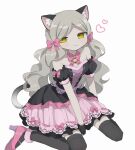  01sh110sush1 1girl :3 alternate_costume animal_ears bare_shoulders bell black_thighhighs blush breasts cat_ears cat_tail choker closed_mouth collarbone detached_sleeves dot_nose dress expressionless fake_animal_ears fake_tail fur-trimmed_dress fur_trim hair_ribbon half-closed_eyes handa_roco hands_on_ground heart highres idolmaster idolmaster_million_live! idolmaster_million_live!_theater_days layered_dress light_brown_hair long_hair looking_at_viewer neck_bell nyannyan_cat&#039;s_eye_(idolmaster) parted_bangs pink_footwear pink_ribbon puffy_detached_sleeves puffy_sleeves ribbon ribbon-trimmed_dress ribbon_choker simple_background sitting small_breasts solo tail thigh-highs twintails very_long_hair wariza wavy_hair white_background 