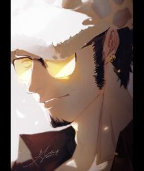  1boy black_hair black_shirt close-up collared_shirt commentary_request earrings emase_(foxmoon) facial_hair glasses goatee hat hat_over_one_eye jewelry looking_at_viewer male_focus one_piece pillarboxed shirt sideburns signature solo tinted_eyewear trafalgar_law white_hat yellow-tinted_eyewear 