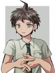  1boy ahoge brown_eyes brown_hair closed_mouth collared_shirt danganronpa_(series) danganronpa_2:_goodbye_despair green_necktie hinata_hajime ikemen&#039;na_ore-shi interlocked_fingers male_focus necktie shirt short_hair smile solo upper_body 