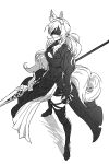  2b_(nier:automata) 2b_(nier:automata)_(cosplay) animal_ears arknights black_dress blindfold center_opening character_request closed_mouth commentary_request cosplay dress greyscale highres holding holding_polearm holding_weapon horse_ears horse_girl horse_tail kard korean_commentary long_hair low_ponytail monochrome polearm smile standing tail weapon 