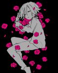  1boy black_background closed_eyes commentary_request danganronpa_(series) danganronpa_v3:_killing_harmony flower full_body greyscale hair_between_eyes hiyomikun jacket long_sleeves lying male_focus monochrome oma_kokichi on_side pants parted_lips petals pink_flower pink_rose rose rose_petals scarf shoes short_hair simple_background sleeping sleeves_past_wrists solo spoilers spot_color 