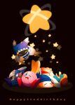  absurdres animal anniversary bandana bandana_waddle_dee beak bird blue_bandana blue_skin brown_background closed_mouth colored_skin drooling highres kazuse616 king_dedede kirby kirby_(series) looking_at_another lying magolor mask meta_knight mouth_drool no_humans one_eye_closed orange_skin penguin pink_skin shadow simple_background sitting sleeping sleepy star_(symbol) 