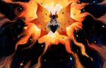  blue_eyes bug fire fluffy flying glint highres horns no_humans pokemon pokemon_(creature) red_horns solo space sparkle star_(sky) sun volcarona white_fur wings yuzhongwho 