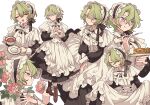  1girl absurdres apron bad_id bad_pixiv_id black_dress black_ribbon boots brown_footwear closed_eyes closed_mouth collared_dress cup dress ensemble_stars! flower food fork frilled_apron frills genderswap genderswap_(mtf) green_hair hair_between_eyes highres holding holding_cup holding_fork holding_plate holding_saucer long_sleeves looking_at_viewer looking_to_the_side maid maid_apron maid_headdress meremero multiple_views neck_ribbon open_mouth own_hands_together pink_flower pink_rose plate profile ribbon rose saucer short_hair skirt_hold smile standing teacup tomoe_hiyori tongue tongue_out violet_eyes white_apron white_ribbon 