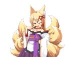  1girl :d animal_ear_fluff animal_ears bare_shoulders blonde_hair blush bmp-to-png_conversion chest_tattoo closed_eyes cowboy_shot eyeshadow fang folding_fan fox_ears fox_girl fox_tail game_cg hair_between_eyes hakama hakama_skirt hand_fan hand_on_own_hip happy holding holding_fan japanese_clothes jingai_modoki kimono kitsune lolibaba long_hair looking_at_viewer makeup mon-musu_quest! monster_girl multiple_tails neck_tattoo non-web_source obi open_mouth purple_hakama purple_sash red_eyeshadow sash simple_background skirt smile solo tail tamamo_(mon-musu_quest!) tattoo transparent_background white_kimono wide_sleeves 